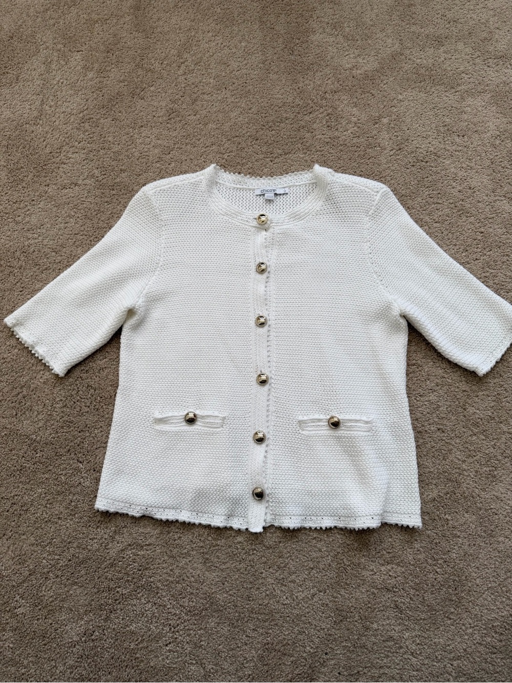 Chico's White Cardigan polished metallic buttons front pocket detail Medium